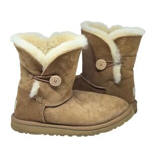 UGG Bailey Button Boots Chestnut Suede Shearling Winter Pull On Size 4 Girls